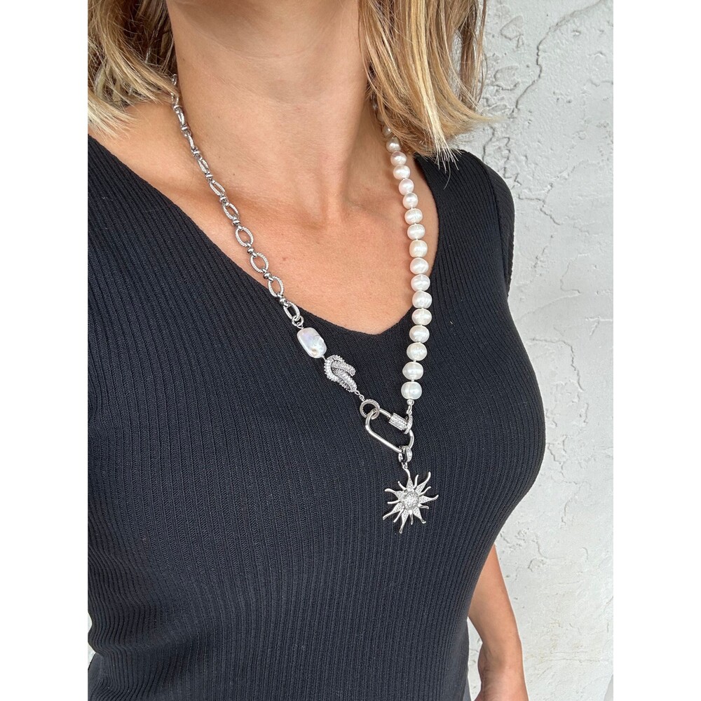 White natural pearl half chain necklace, combined freshwater pearl and bulky cha